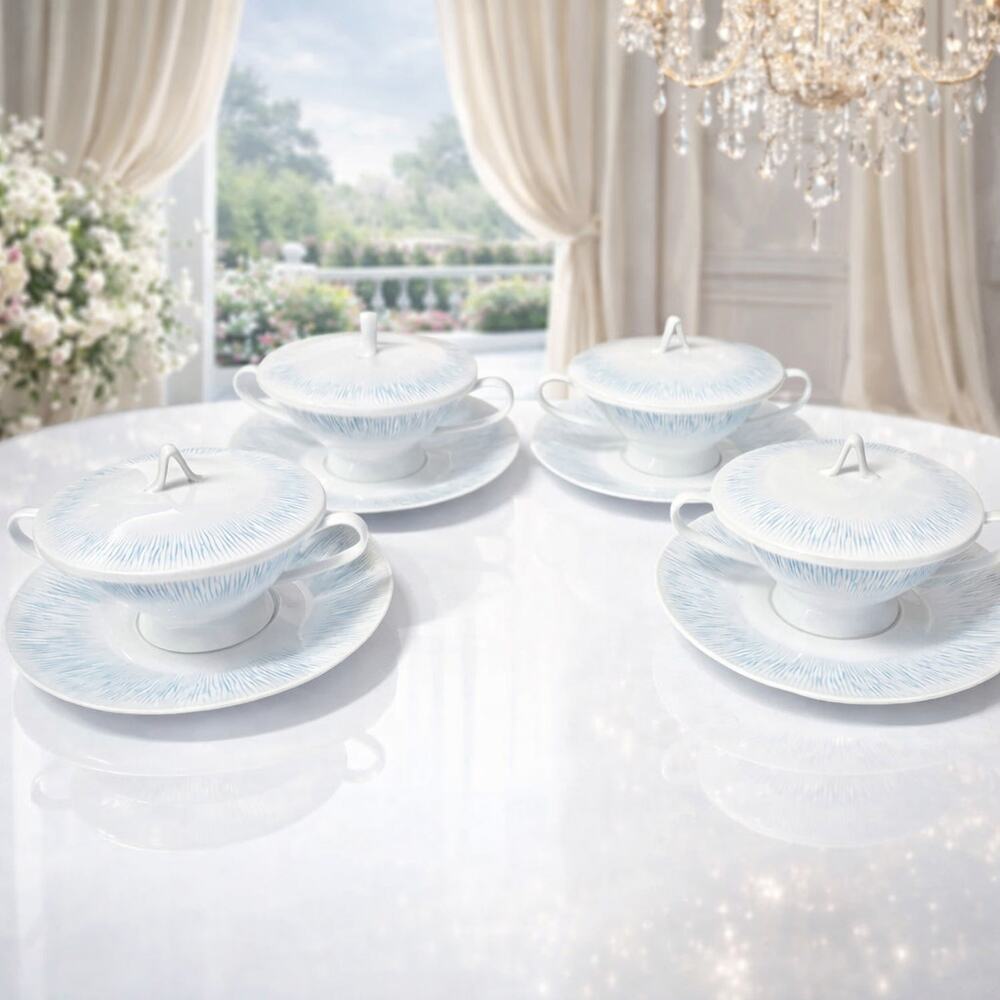 Rosenthal Continental R2225 Cream Soup Set – 4 Bowls with Lids & Saucers
